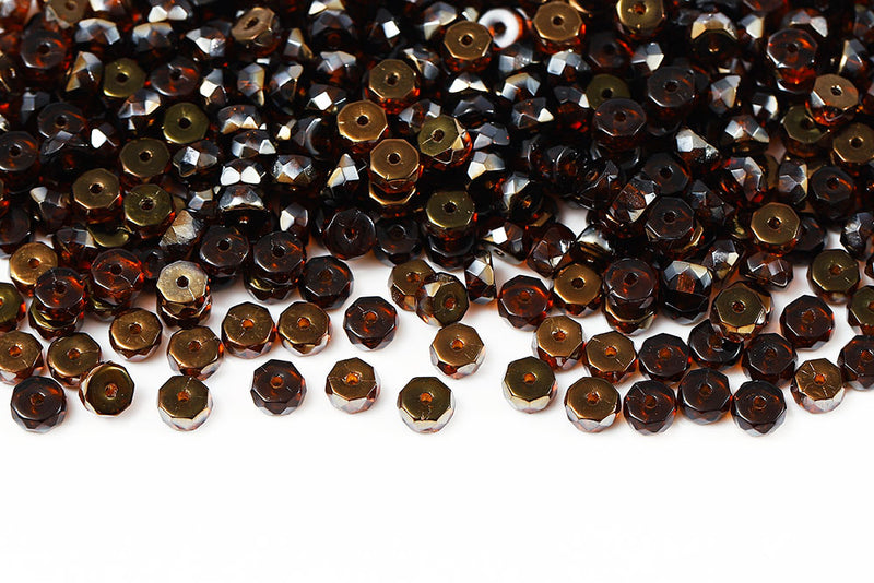 Firepolished Rondelle 3×6mm Dark Topaz Valentinit Czech Beads