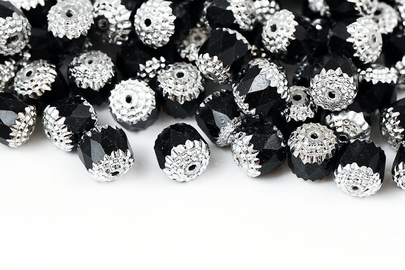 Firepolished Bols 10mm Jet Metallic Silver Finish Czech Beads