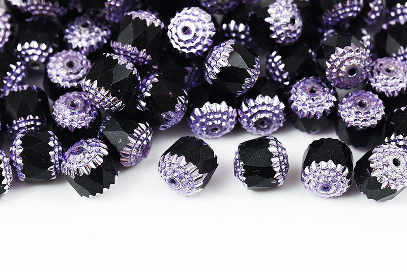 Firepolished Bols 10mm Jet Metallic Violet Finish Czech Beads