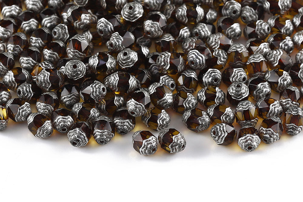 Firepolished Prop 8×6mm Topaz Silver Finish Czech Beads