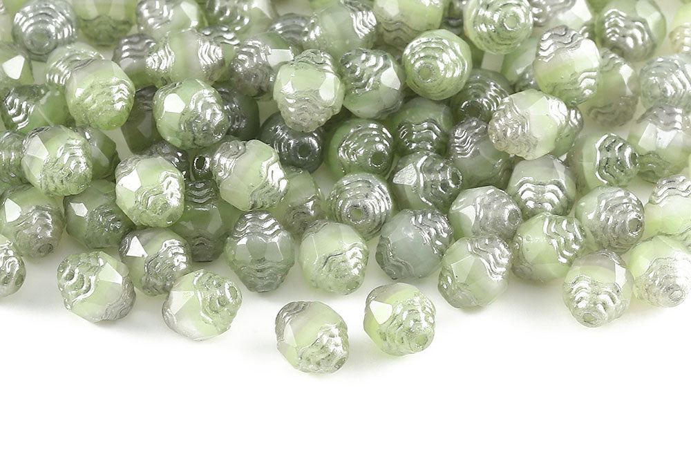 Firepolished Prop 8×6mm Opal White Green Mixed Silver Finish Czech Beads