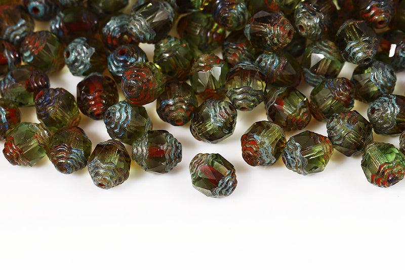 Firepolished Prop 10×8mm Gray Green Mixed Travetine Czech Beads