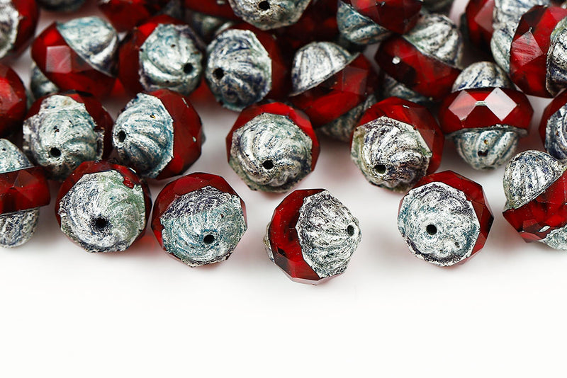 Firepolished Turbines 11×10mm Red Mixed Silver Paste Matt Czech Beads