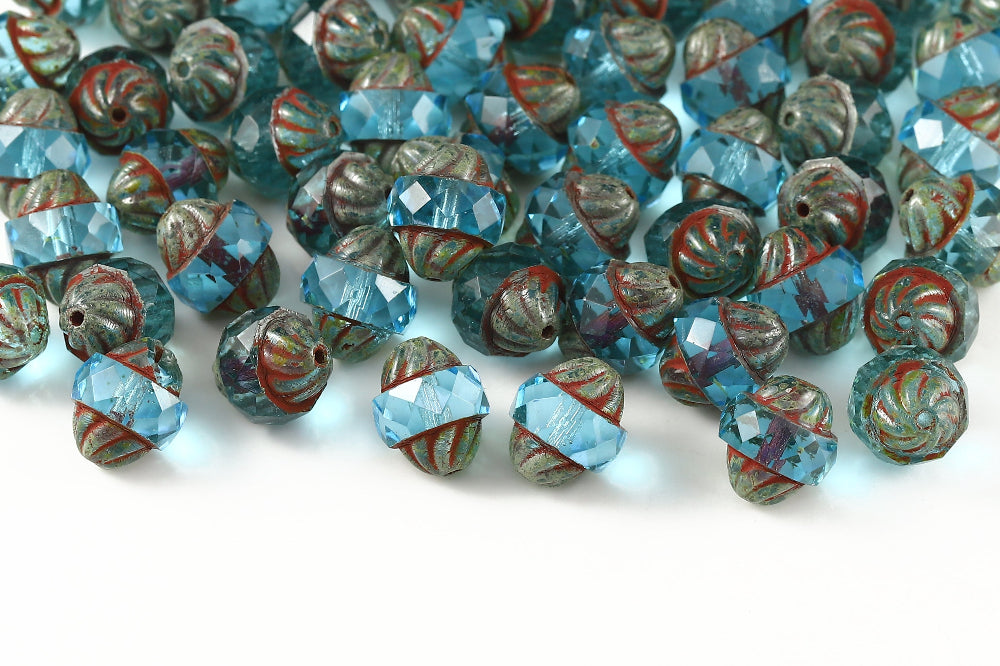 Firepolished Turbines 11×10mm Aquamarine Travertin Dark Czech Beads