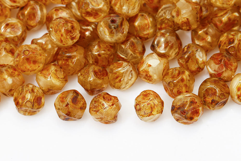 Firepolished Twisting 9mm Crystal Ivory Mixed Travertin Czech Beads