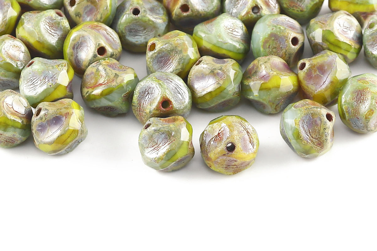 Firepolished Twisting 9mm Yellow Green Mixed Travertin Czech Beads