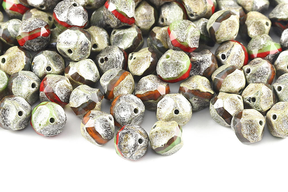 Firepolished Twisting 9mm Red Green Mixed Silver Finish Czech Beads