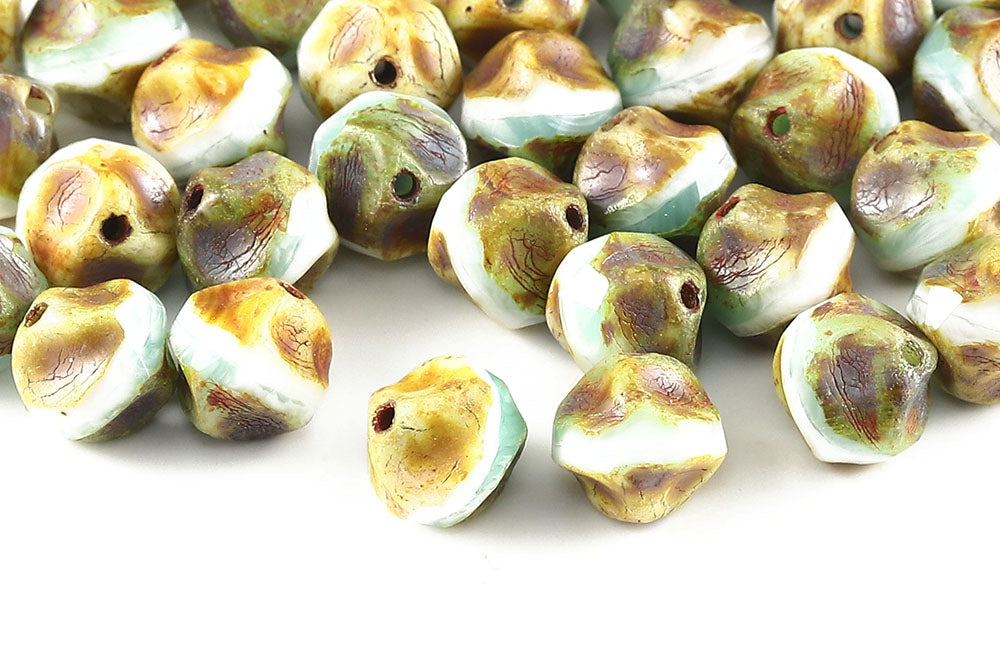 Firepolished Twisting 9mm White Green Mixed Travertin Czech Beads
