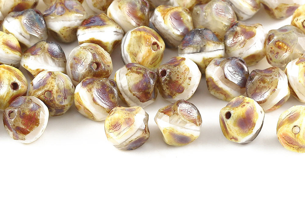 Firepolished Twisting 9mm White Mixed Travertin Czech Beads