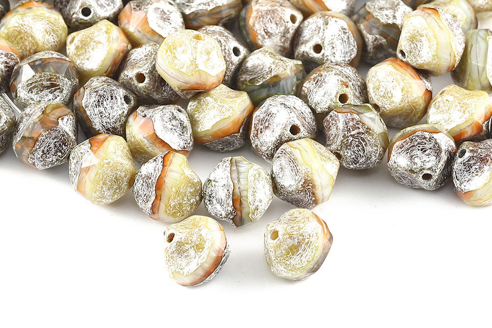 Firepolished Twisting 9mm White Orange Mixed Silver Finish Czech Beads