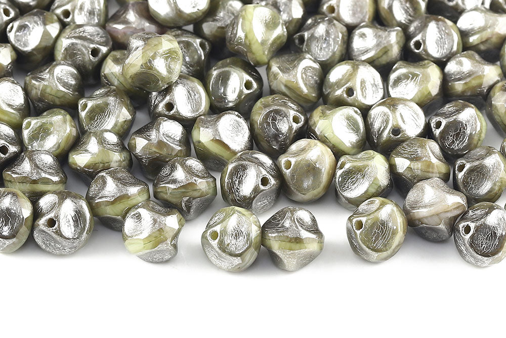 Firepolished Twisting 9mm Green Mixed Silver Finish Czech Beads
