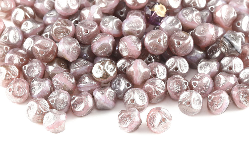 Firepolished Twisting 9mm Pink Mixed Silver Finish Czech Beads