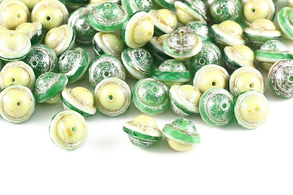 Firepolished Saturn 8×10mm Ivory Green Mixed Silver Finish Czech Beads