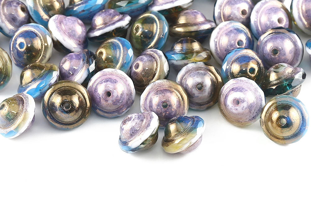 Firepolished Saturn 8×10mm Ivory Aqua Mixed Violet Luster Czech Beads