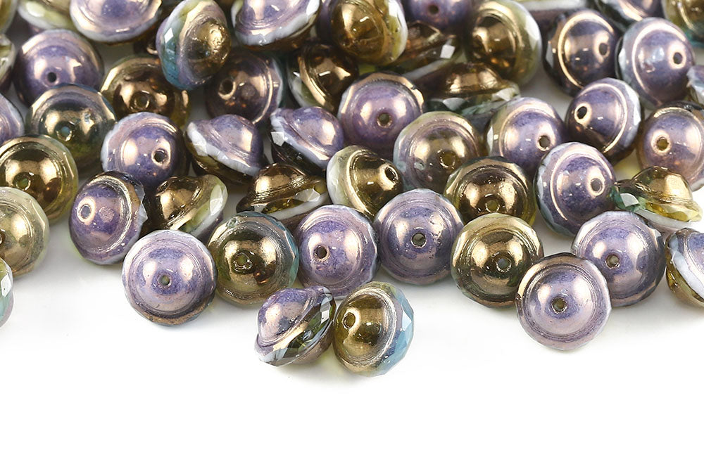 Firepolished Saturn 8×10mm Ivory Green Mixed Violet Luster Czech Beads