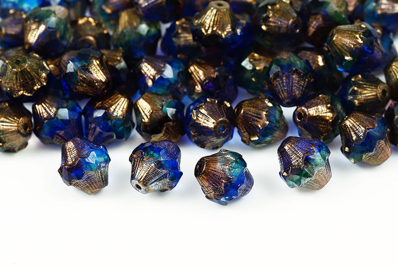 Firepolished Bicones 11×10mm Blue Green Mixed Violet Luster Czech Beads