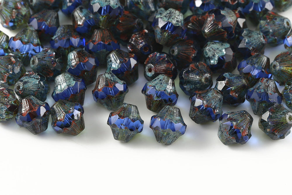 Firepolished Bicones 11×10mm Sapphire Travertin Dark Czech Beads