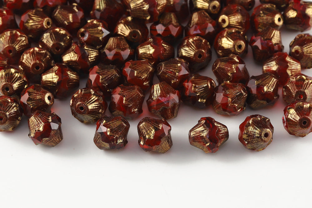 Firepolished Bicones 11×10mm Lt.Siam&Opaque Siam Gold Marble Czech Beads