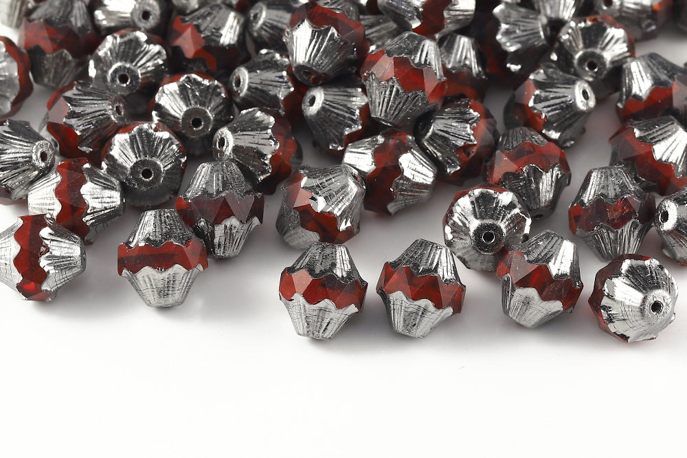 Firepolished Bicones 11×10mm Lt.Siam&Opaque Siam Chrom Czech Beads