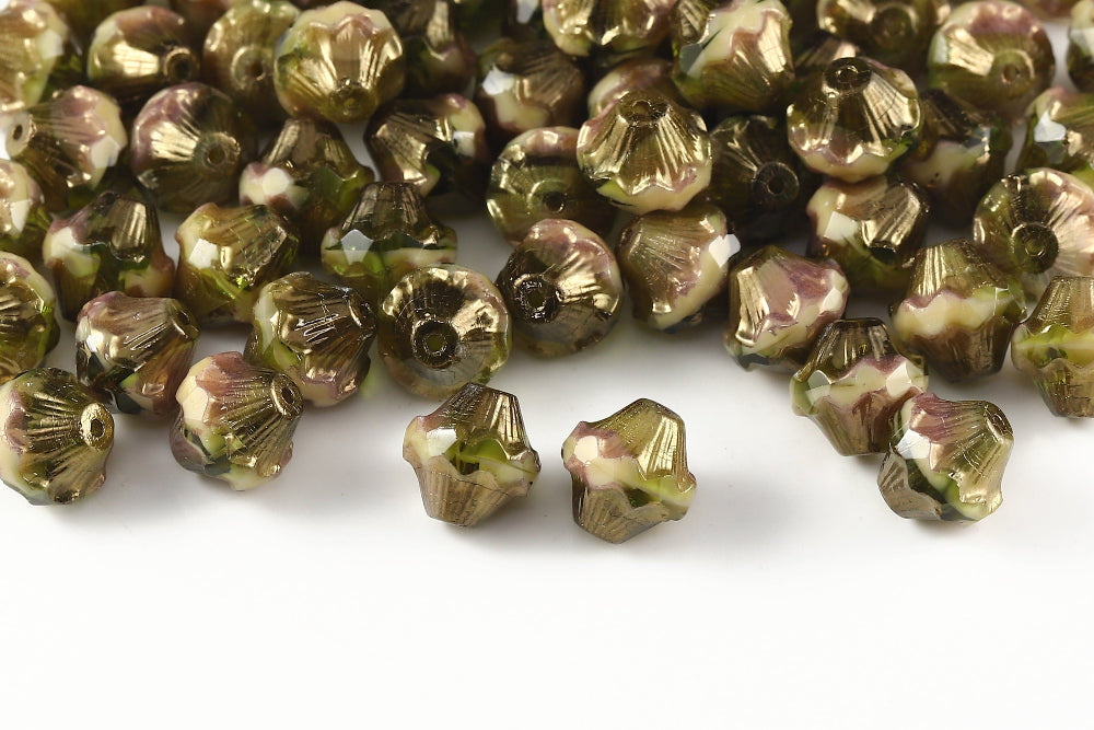 Firepolished Bicones 11×10mm Peridot&Lvory Violet Luster Czech Beads