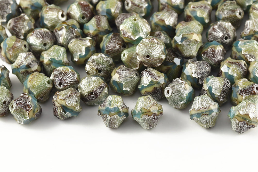 Firepolished Bicones 11×10mm Turquoise&Ivory Silver Paste Mat Czech Beads