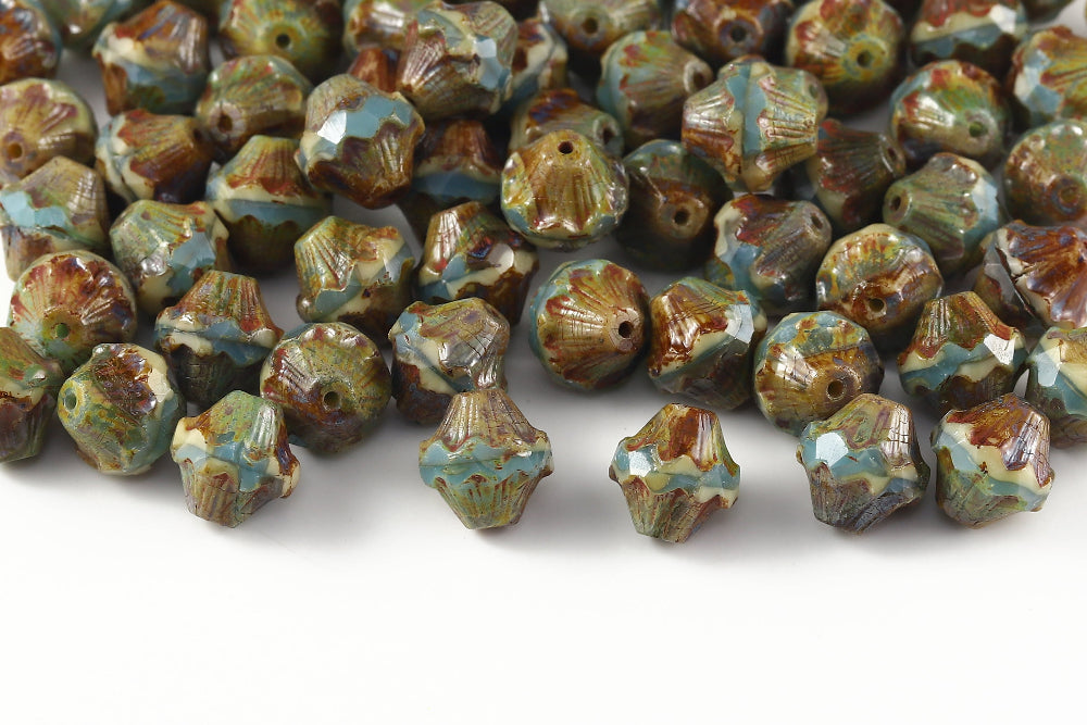 Firepolished Bicones 11×10mm Turquoise&Ivory Travertin Czech Beads