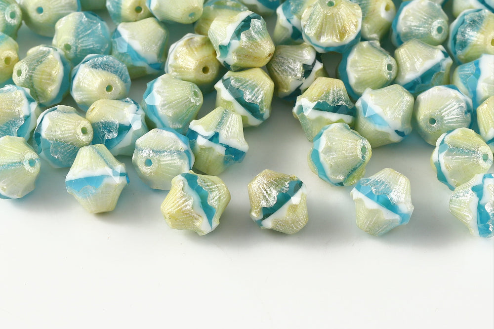 Firepolished Bicones 11×10mm Chalk&Aqua Bohemica Silver Paste Mat Czech Beads