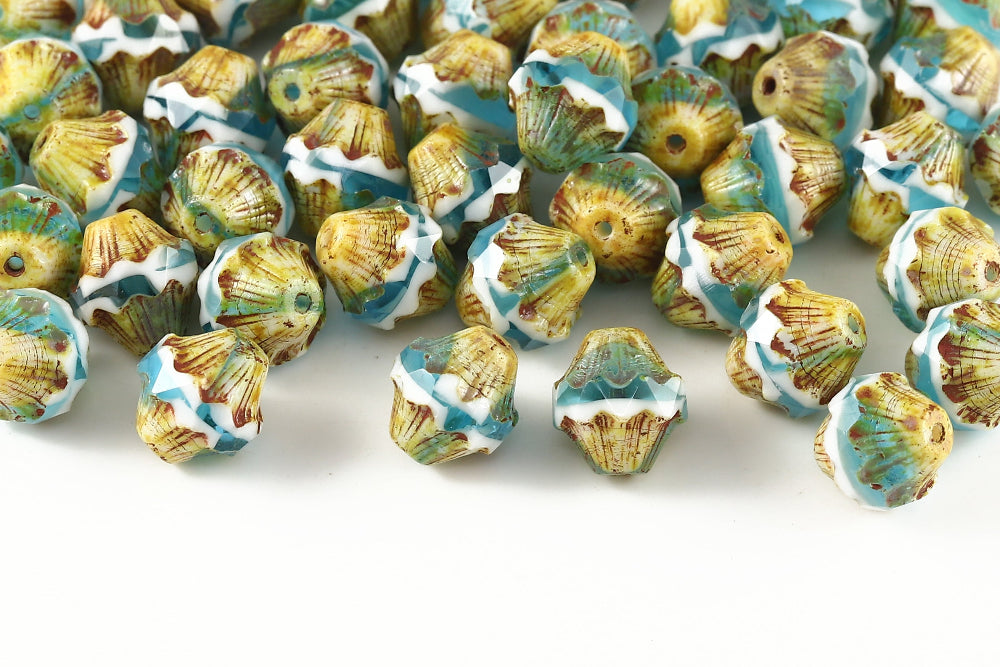 Firepolished Bicones 11×10mm Chalk&Aqua Bohemica Travertin Czech Beads
