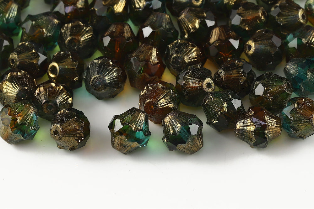 Firepolished Bicones 11×10mm Blue Zircon&Topaz Gold Marble Czech Beads