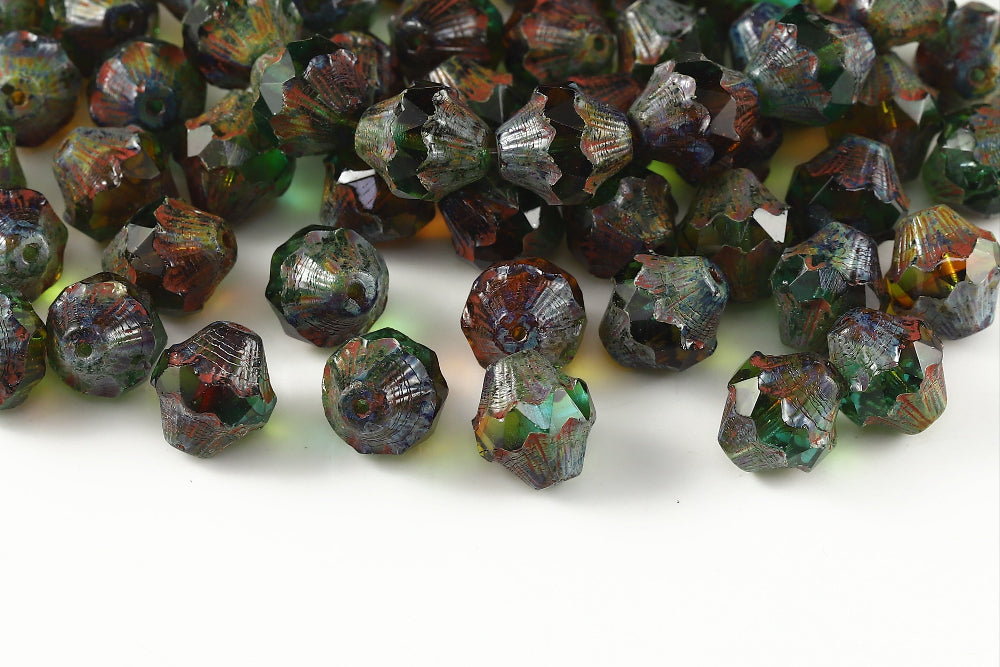 Firepolished Bicones 11×10mm Blue Zircon&Topaz Travertin Czech Beads