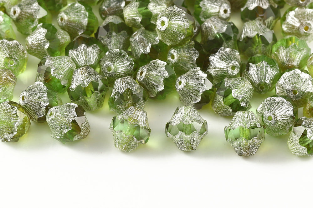 Firepolished Bicones 11×10mm Peridot Silver Paste Mat Czech Beads