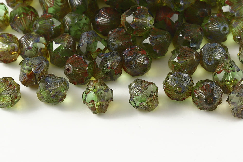 Firepolished Bicones 11×10mm Peridot Travertin Czech Beads