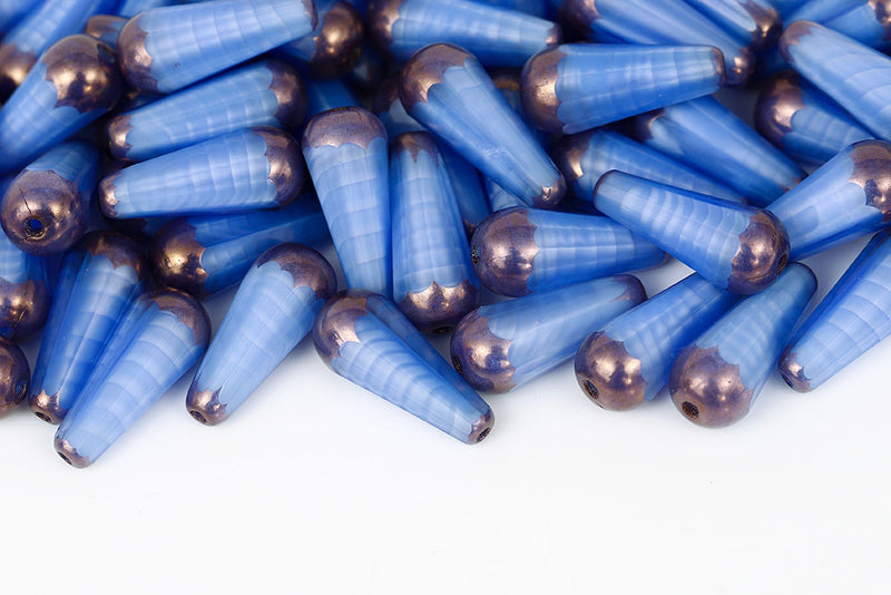 Firepolished Drop 20×9mm Opal Blue Ripples Violet Luster Czech Beads