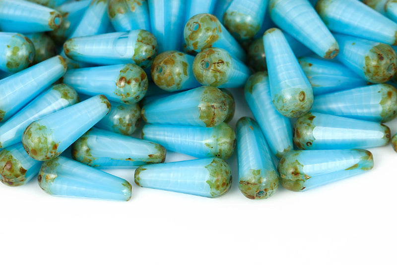 Firepolished Drop 20×9mm Opal Aqua Ripples Travertin Czech Beads