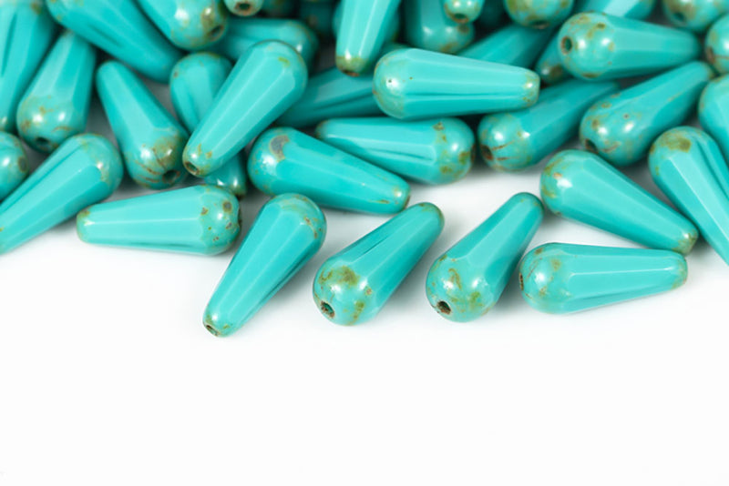 Firepolished Drop 20×9mm Turquoise Green Travertin Czech Beads