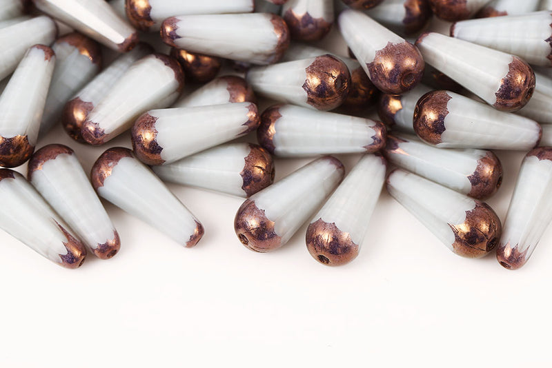 Firepolished Drop 20×9mm Opal Gray Ripples Violet Luster Czech Beads