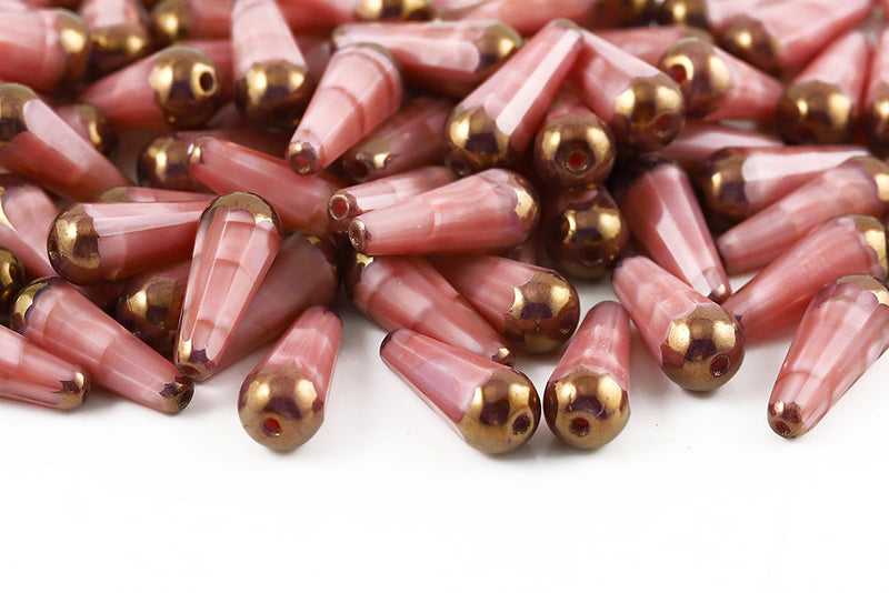 Firepolished Drop 20×9mm Opal Pink Ripples Violet Luster Czech Beads