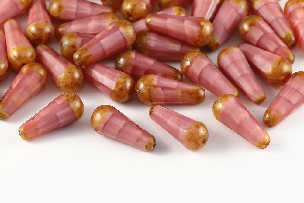 Firepolished Drop 20×9mm Silk Rose Travertin Czech Beads