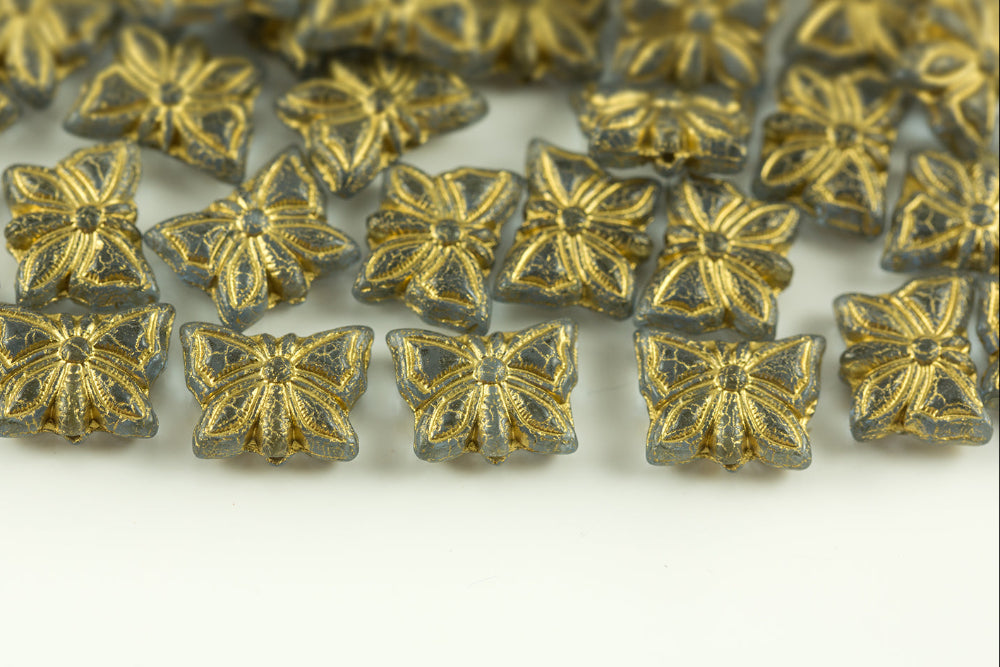 Butterfly 15×12mm Light Sapphire With Gold 1-Hole Czech Beads