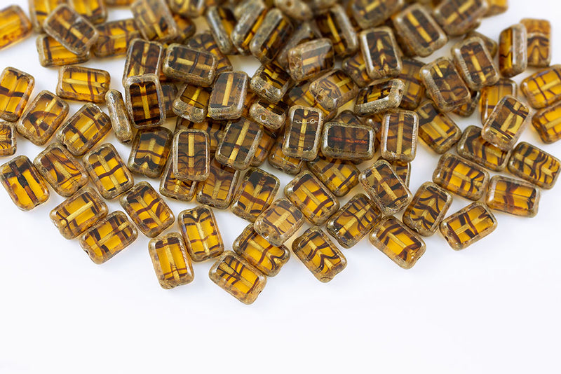 Rectangle 12×8mm Black Stripes On Topaz Travertin 1-Hole Czech Beads