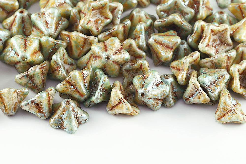 Petunia Flower 8×13mm Green Splash Chalk Travertin 1-Hole Czech Beads