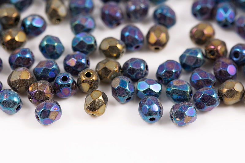 Czech Fire Polished 4mm Jet Rainbow Iris Round Beads