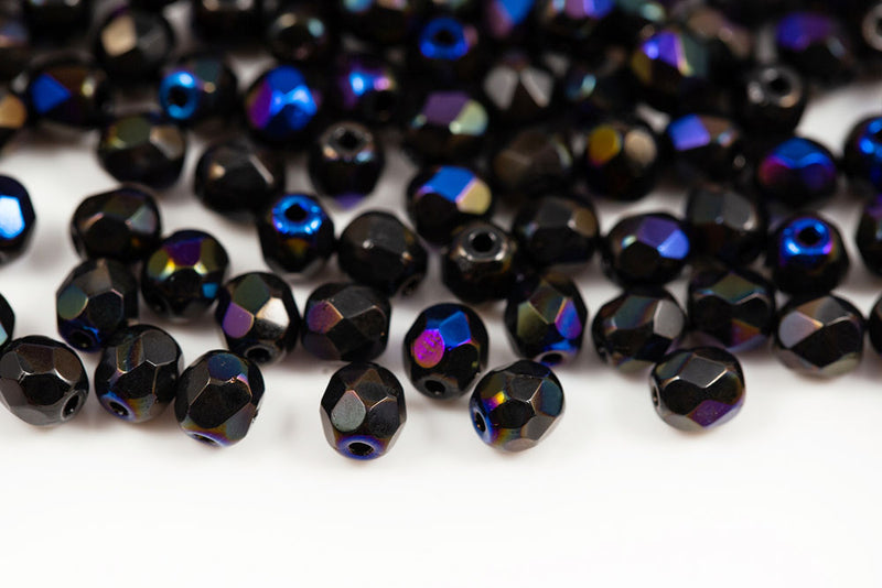 Czech Fire Polished 4mm Jet Azuro Full Round Beads