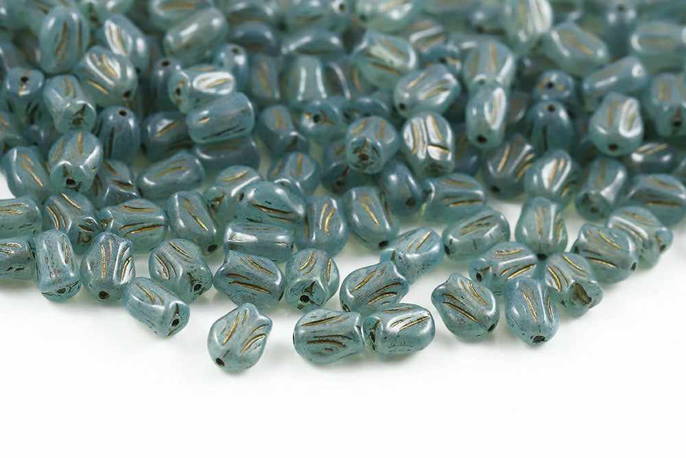 Tulip 9×7mm Crystal Opal Blue Finish With Gold 1-Hole Czech Beads