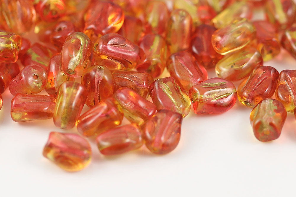 Tulip 9×7mm Crystal Red Yellow Finish With Gold 1-Hole Czech Beads