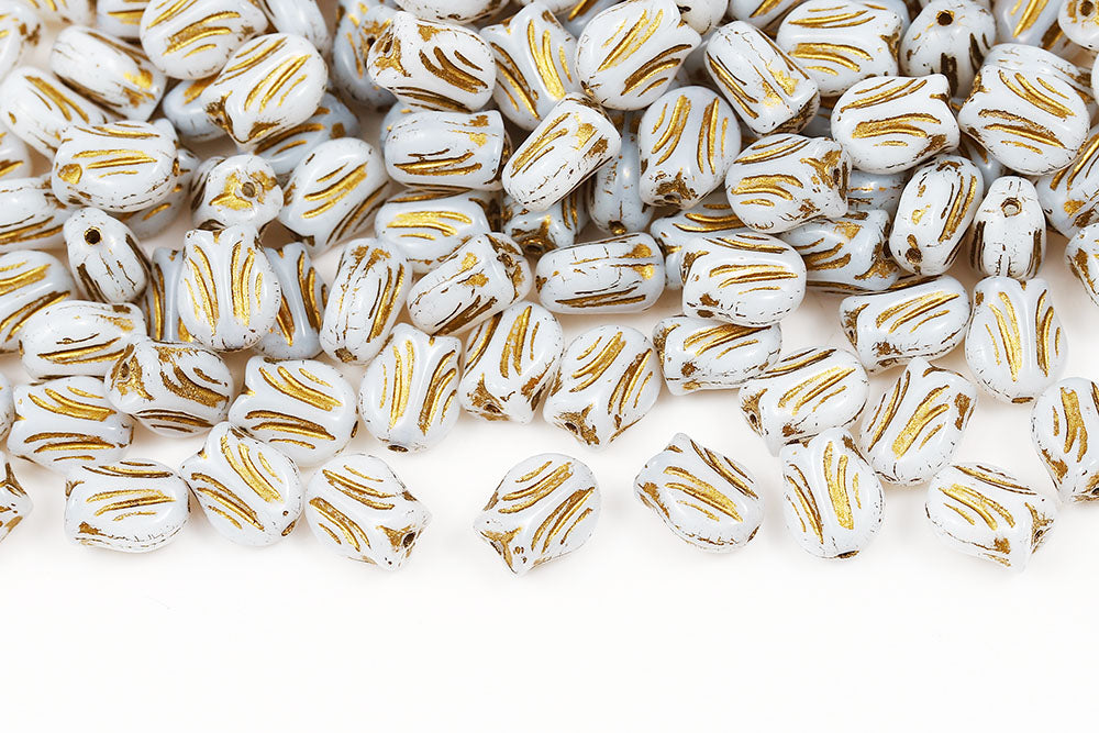 Tulip 9×7mm Chalk With Gold 1-Hole Czech Beads