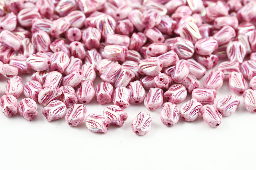 Tulip 9×7mm Chalk AB Full With Pink 1-Hole Czech Beads