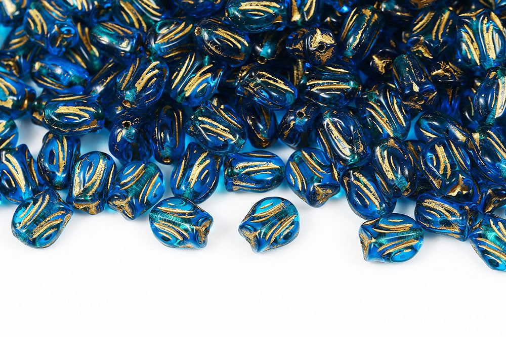 Tulip 9×7mm Dark Aqua With Gold 1-Hole Czech Beads