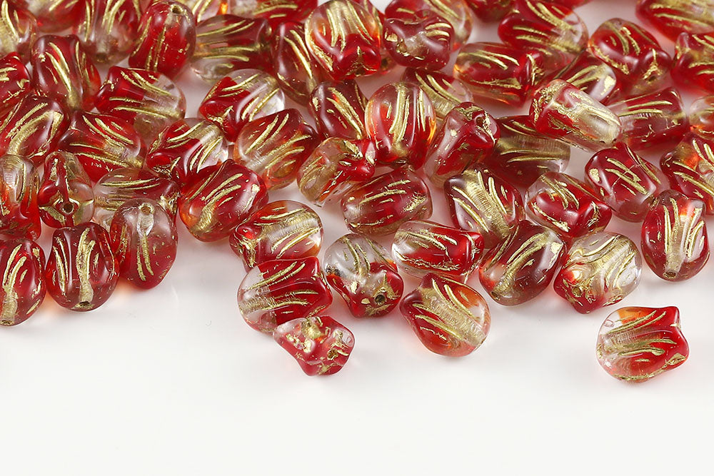 Tulip 9×7mm Crystal Siam Mixed With Gold 1-Hole Czech Beads