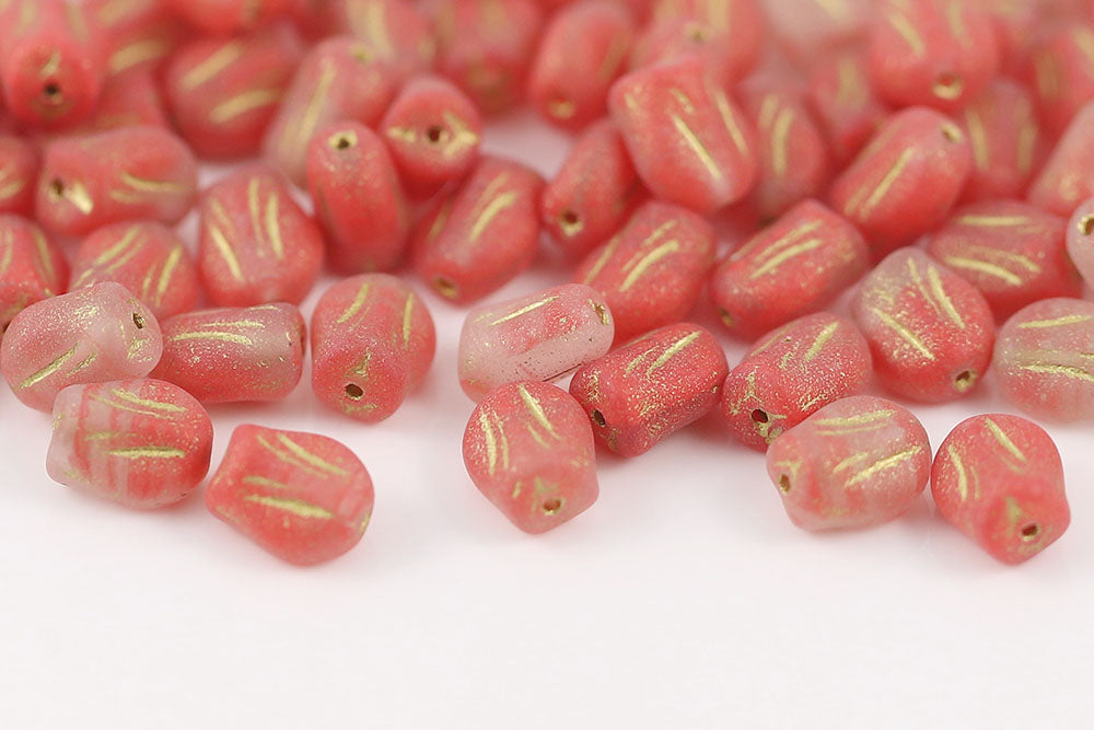 Tulip 9×7mm Crystal Red Mixed Matt With Gold 1-Hole Czech Beads